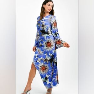 Topshop Bold Floral Ruched Long Sleeve Midi Dress In Cobalt